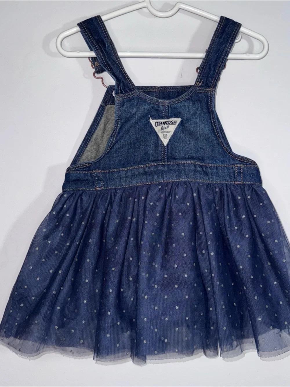 OshKosh B’gosh Denim Tulle Overall Dress Blue Polka Dot Toddler Girls 2T